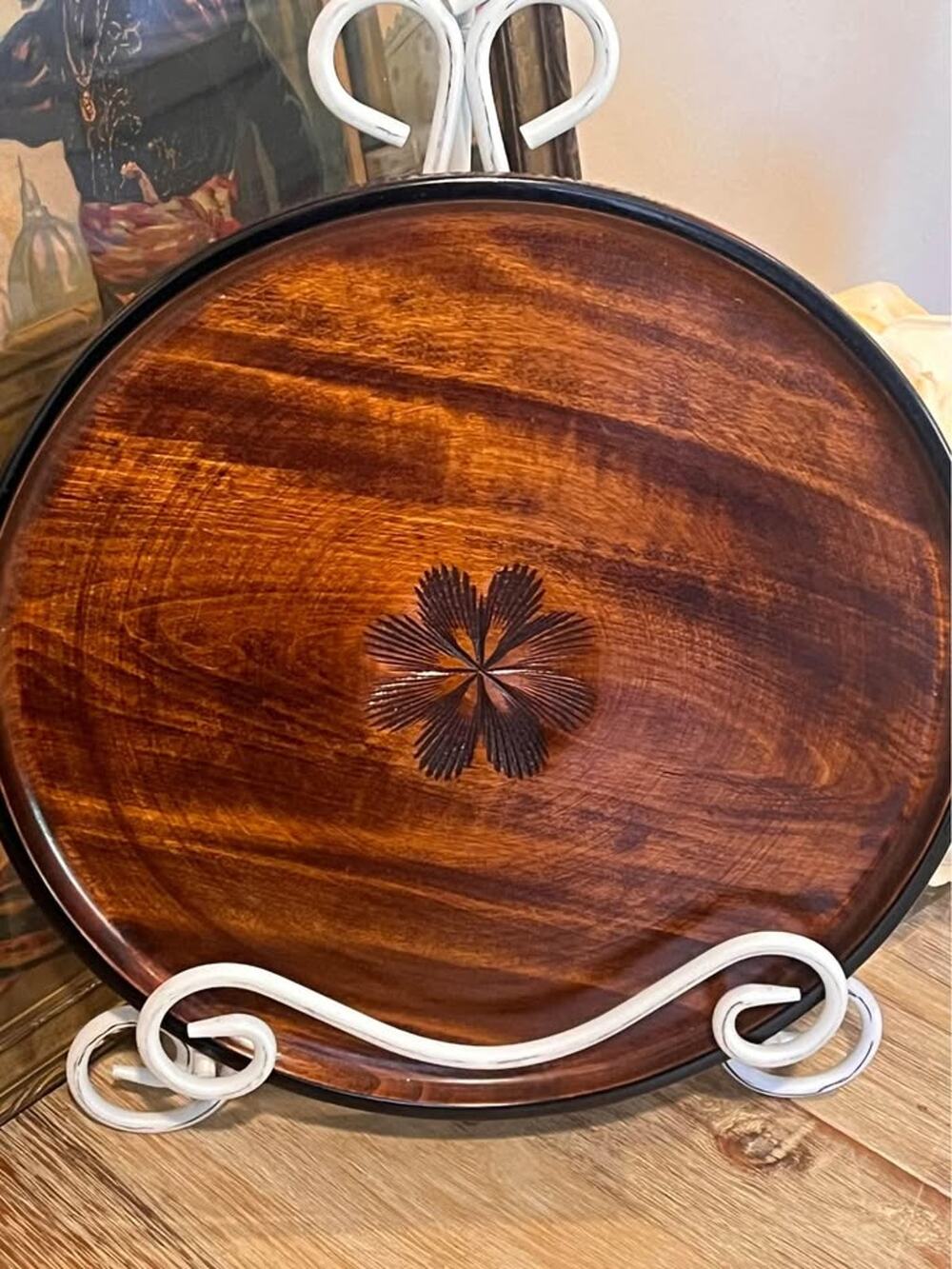 Vintage Hardwood Japanese Wooden Hand Carves Round Tray